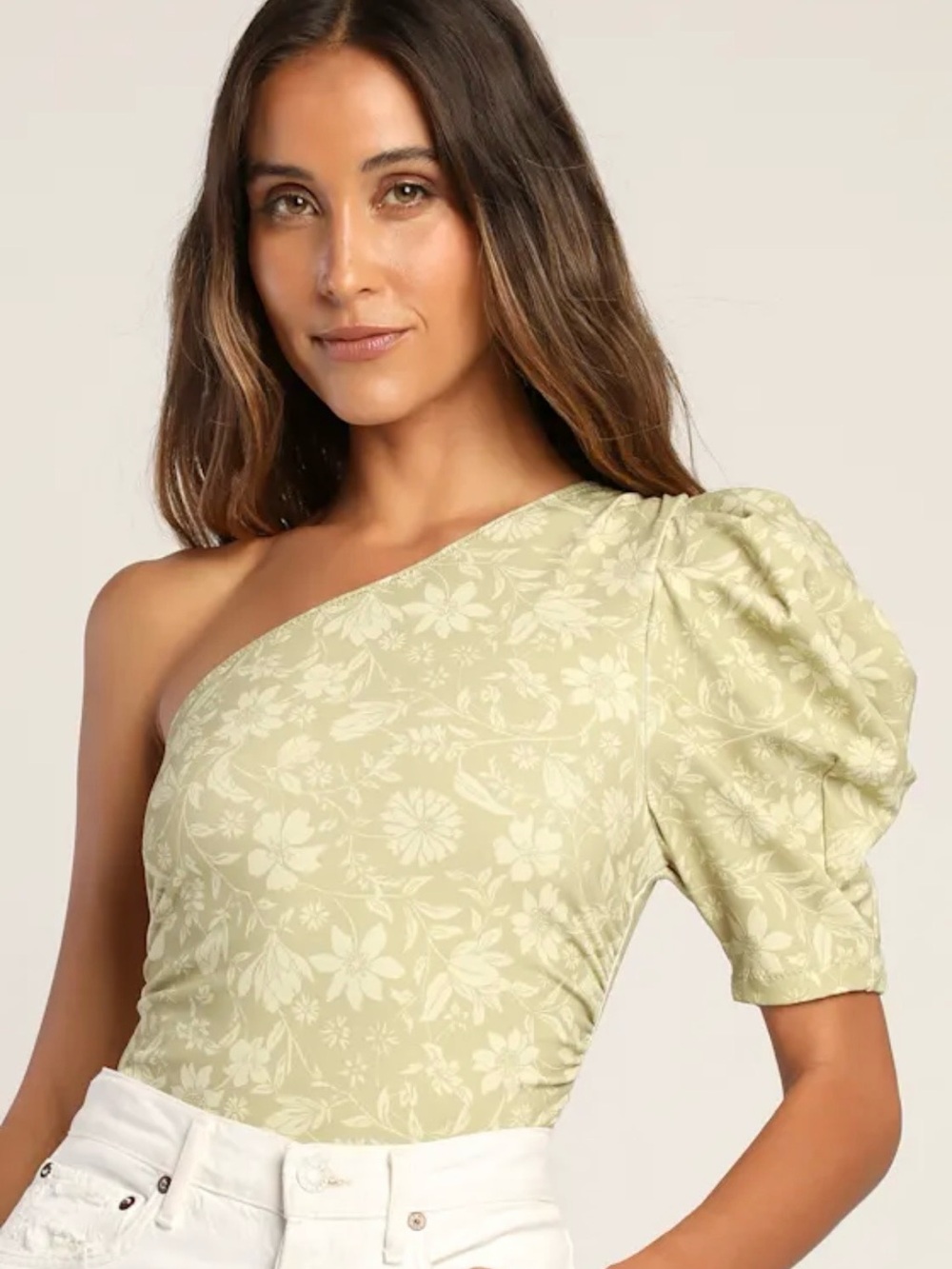 Free People Somethin About You Green Floral Puff Sleeve Bodysuit